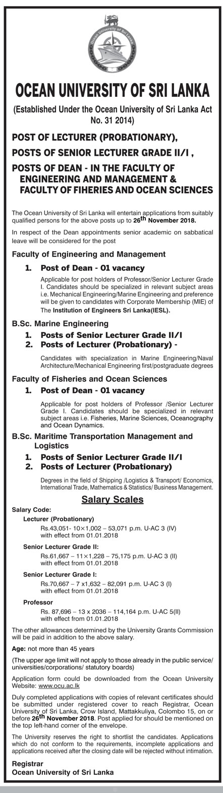 Lecturer, Senior Lecturer, Dean - Ocean University of Sri Lanka